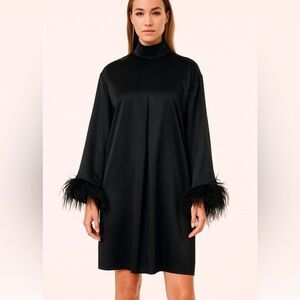 Sleeper NWT Elegant Black Silky Satin Party Ostrich Feather Trim Dress Size S